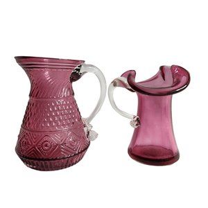 Two Cranberry Glass Vintage Small Fluted and Textured Creamer Pitchers